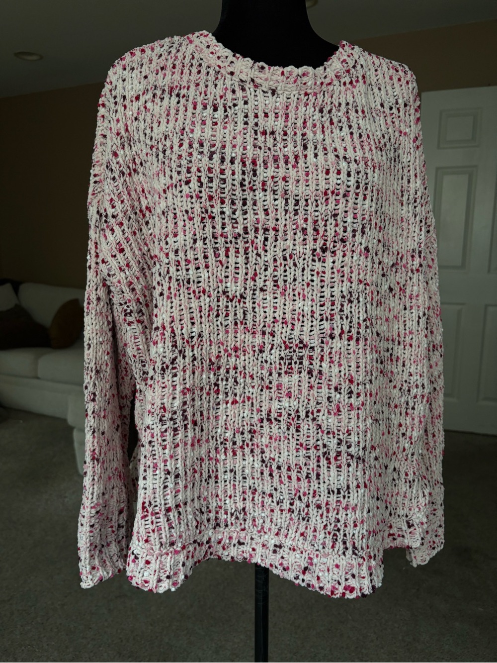 Lightweight White and Pink Open-Knit Women’s Sweater
